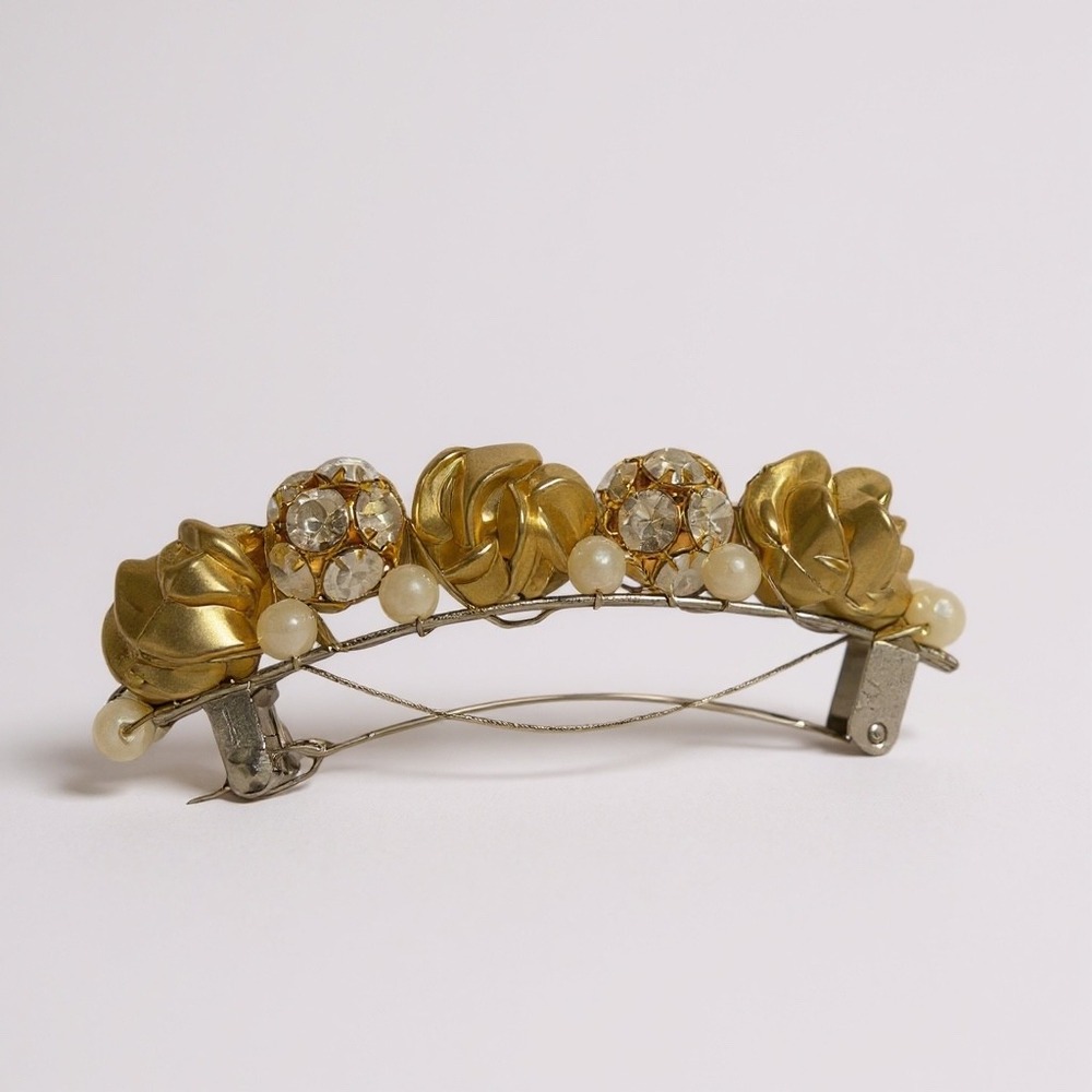 Vintage Colette Malouf Gold Rose Crystal Pearl Barrette Clip Made in France